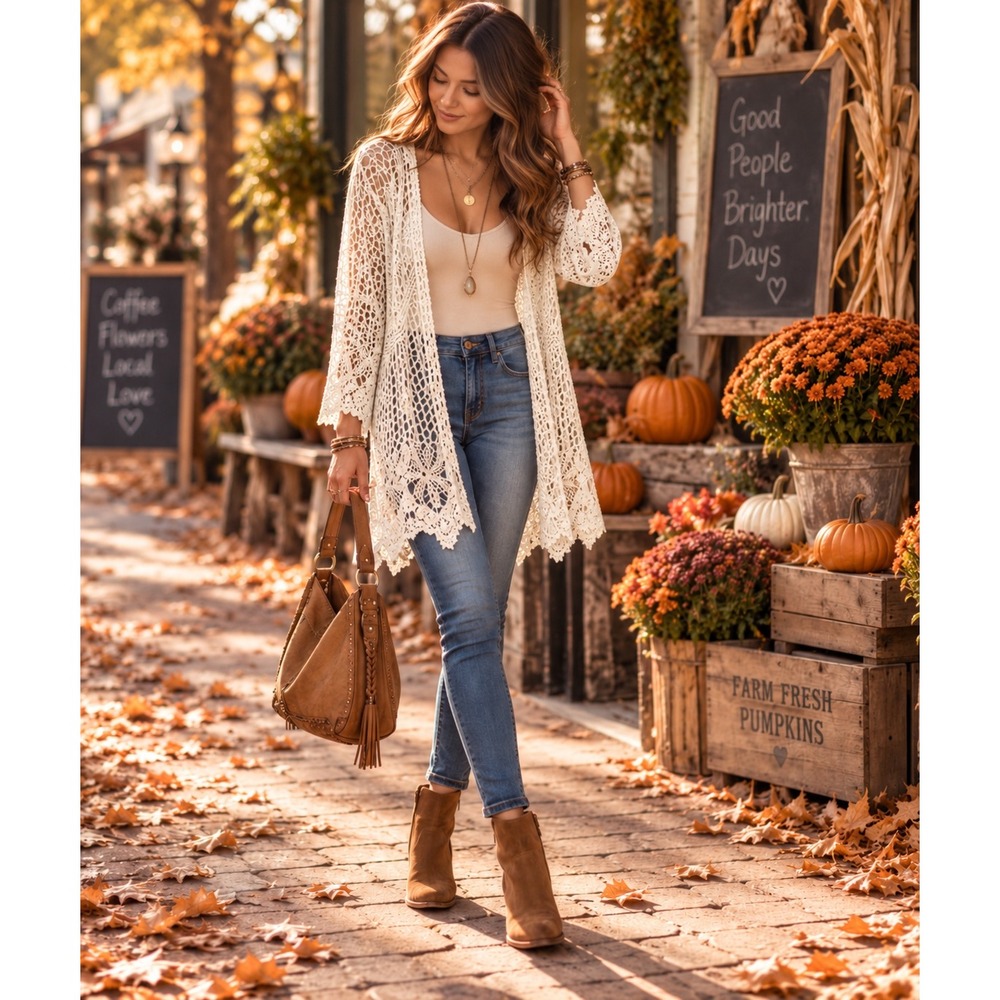 Women's Floral Lace Crochet Long Cardigan Size M Layering Festival Cottagecore